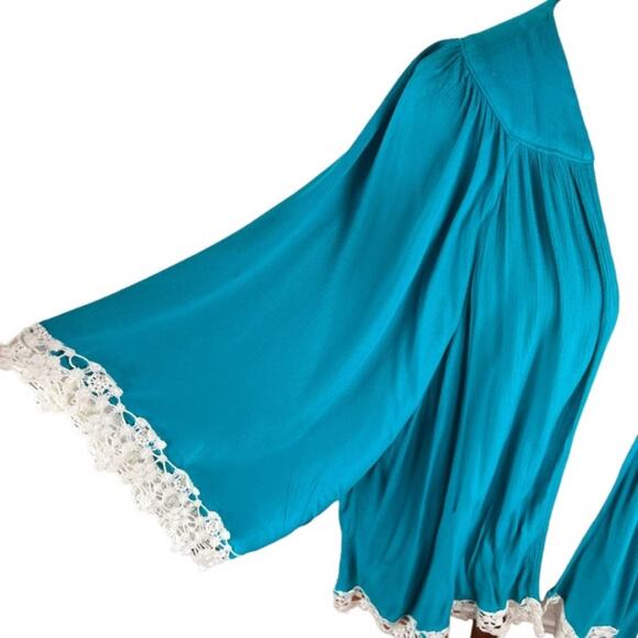 Umgee Turquoise Kimono Open Cardigan with Crochet Trim Size M/L - Picture 2 of 7